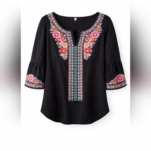 Boho Embroidered Cotton Tunic Top 2XL Black Floral Peasant Johnny Was Style